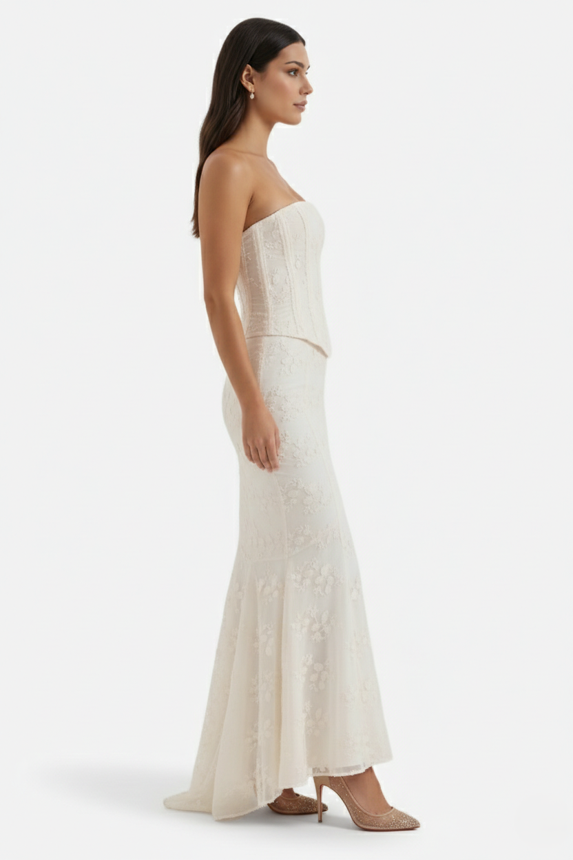Strapless Corset Top and Embroidered Mermaid Maxi Skirt Set
