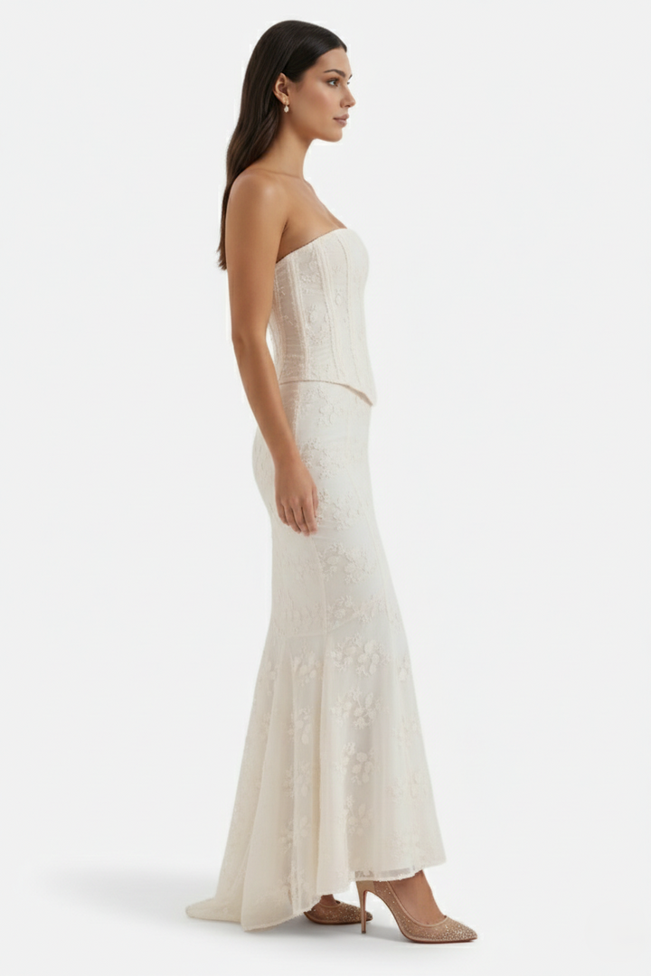 Strapless Corset Top and Embroidered Mermaid Maxi Skirt Set