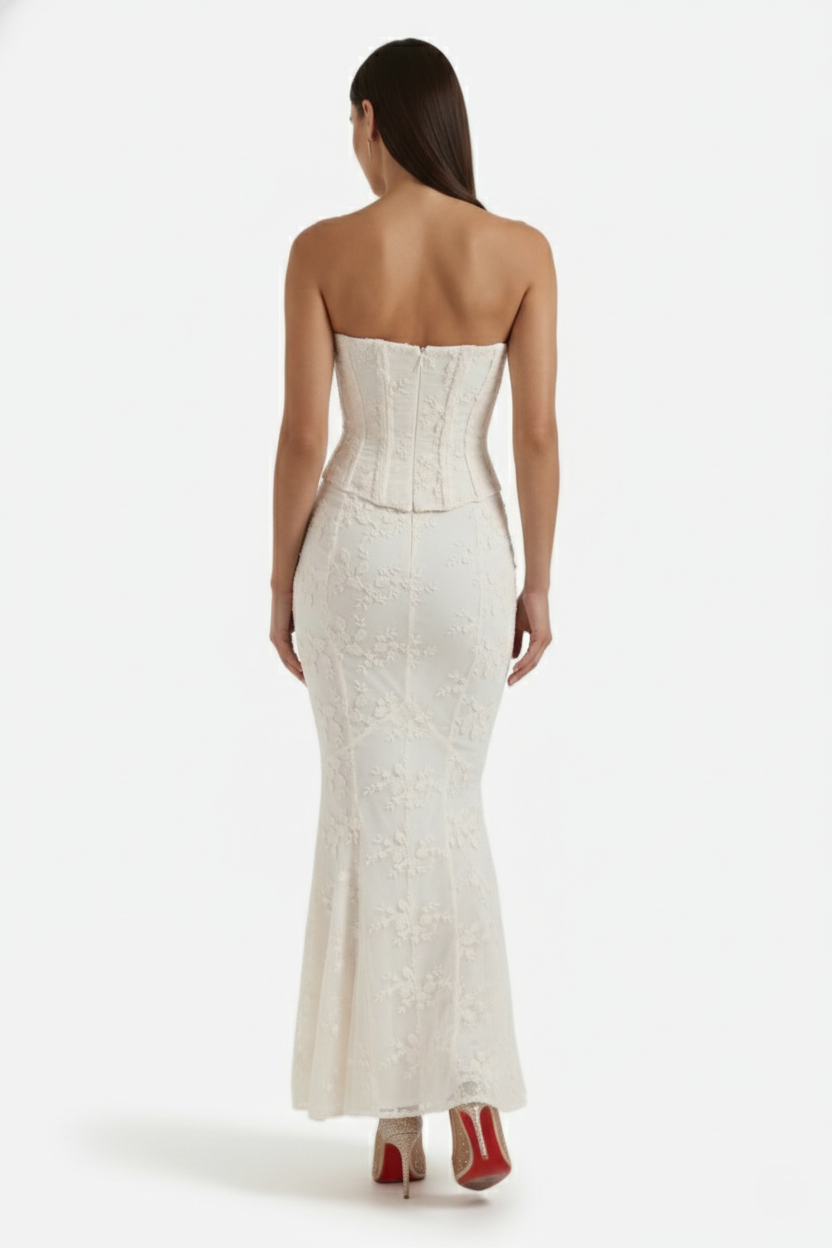 Strapless Corset Top and Embroidered Mermaid Maxi Skirt Set