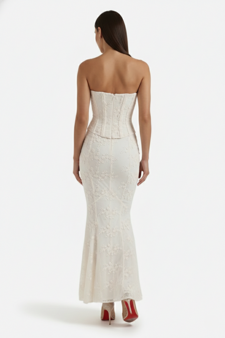 Strapless Corset Top and Embroidered Mermaid Maxi Skirt Set