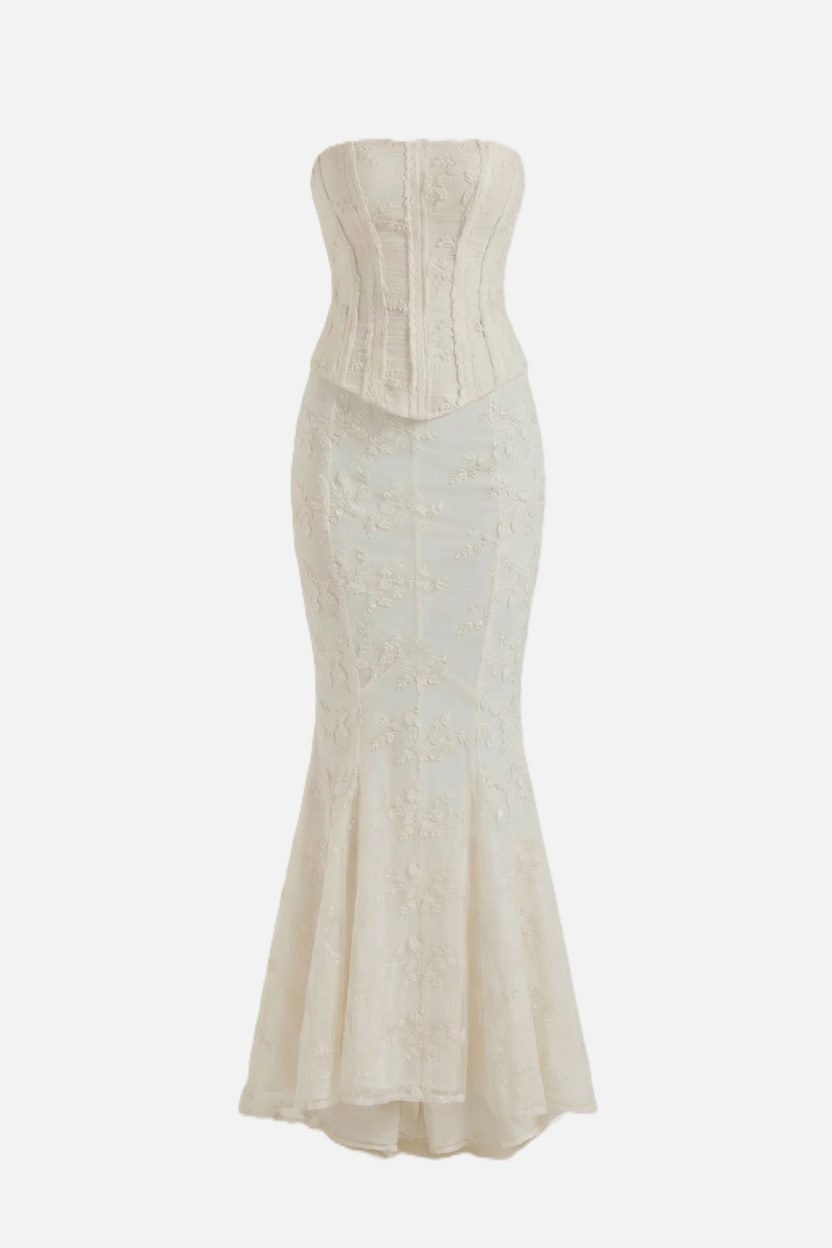 Strapless Corset Top and Embroidered Mermaid Maxi Skirt Set