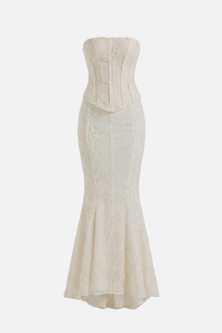 Strapless Corset Top and Embroidered Mermaid Maxi Skirt Set