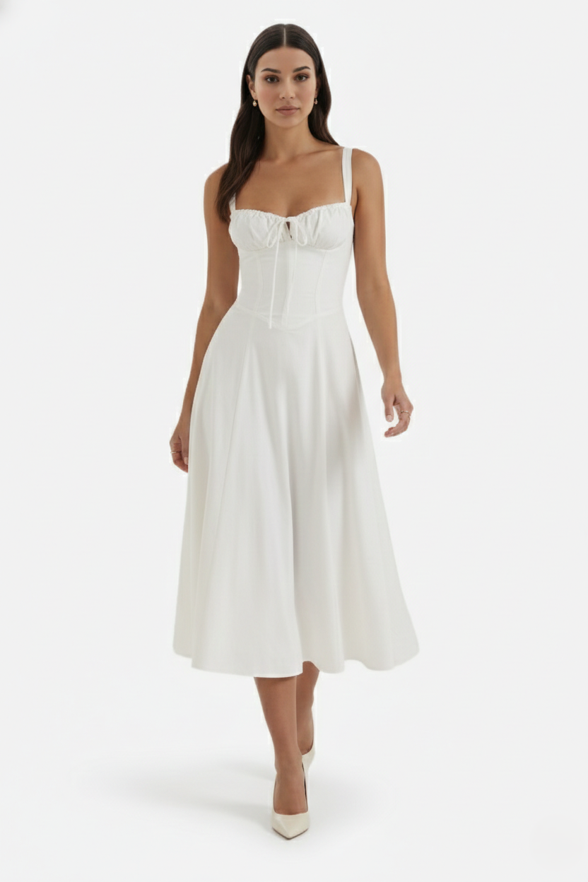 Summer Midi Dress Ruched Bust Tie Lace Up Back