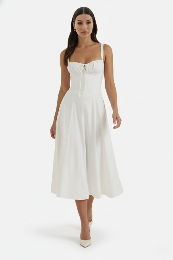Summer Midi Dress Ruched Bust Tie Lace Up Back