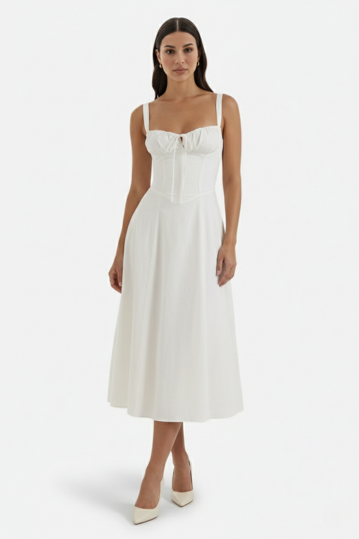 Summer Midi Dress Ruched Bust Tie Lace Up Back