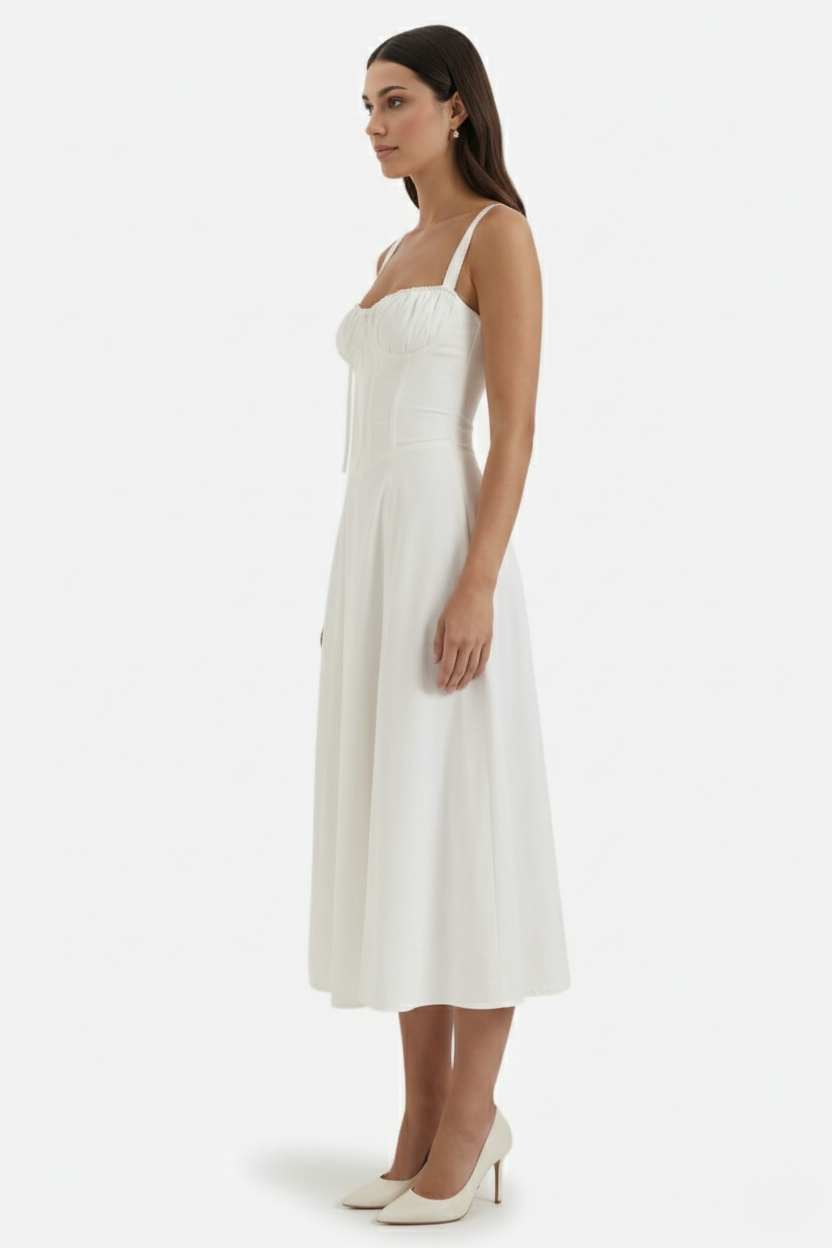 Summer Midi Dress Ruched Bust Tie Lace Up Back