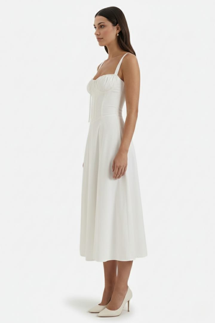 Summer Midi Dress Ruched Bust Tie Lace Up Back