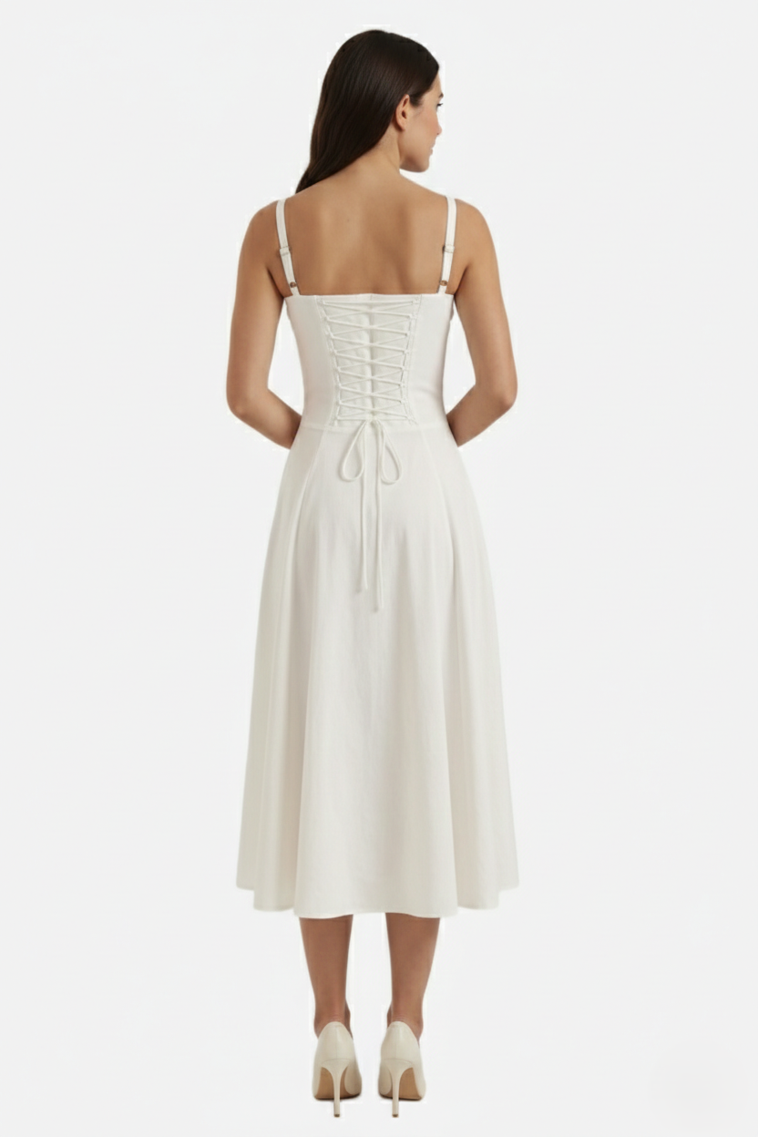 Summer Midi Dress Ruched Bust Tie Lace Up Back