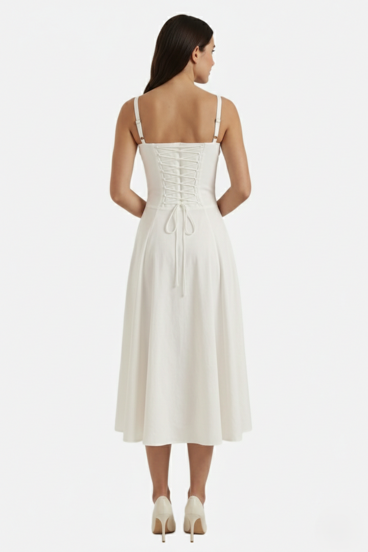 Summer Midi Dress Ruched Bust Tie Lace Up Back