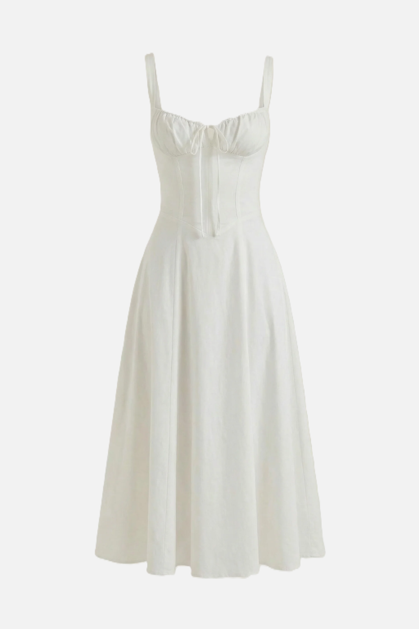 Summer Midi Dress Ruched Bust Tie Lace Up Back