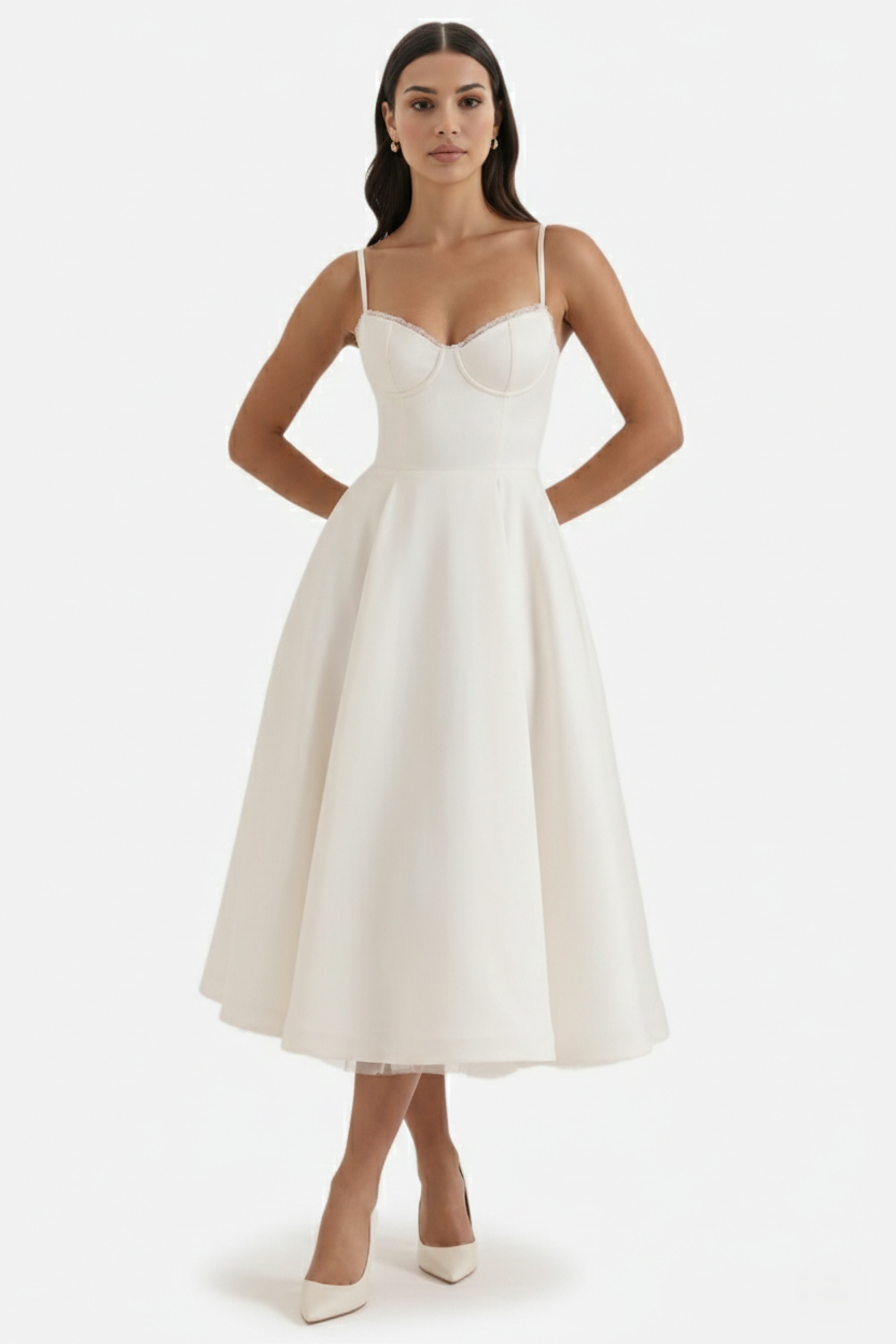 Sweetheart Bustier Midi Dress with Full Circle Skirt and Tulle Hem