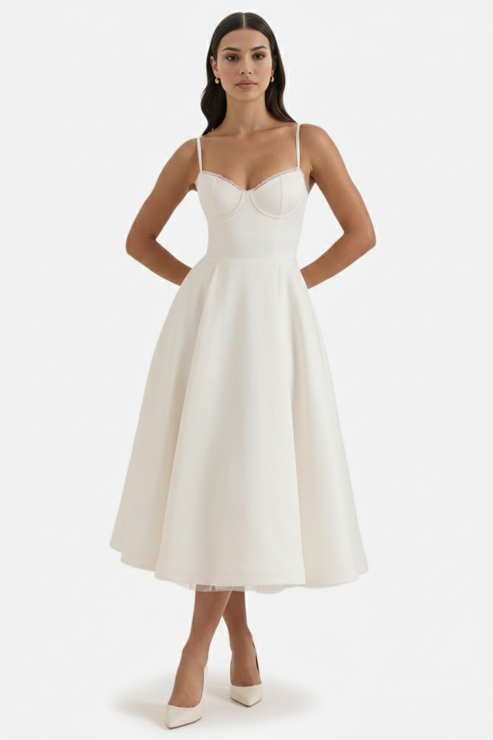 Sweetheart Bustier Midi Dress with Full Circle Skirt and Tulle Hem