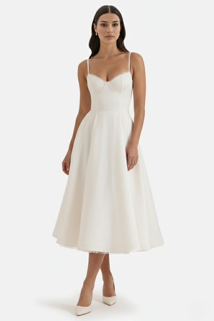 Sweetheart Bustier Midi Dress with Full Circle Skirt and Tulle Hem