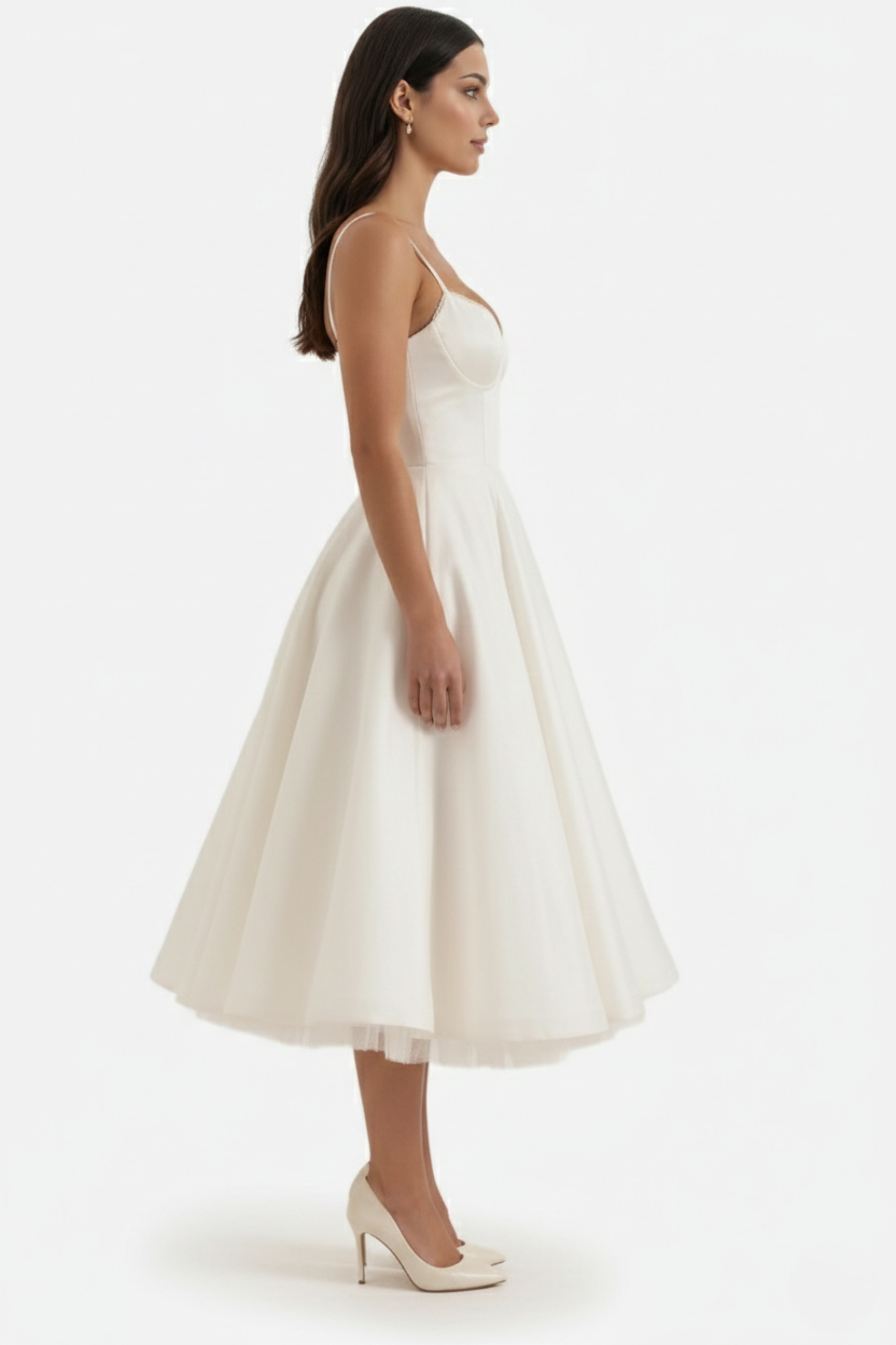 Sweetheart Bustier Midi Dress with Full Circle Skirt and Tulle Hem