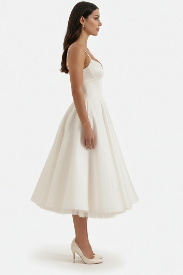 Sweetheart Bustier Midi Dress with Full Circle Skirt and Tulle Hem