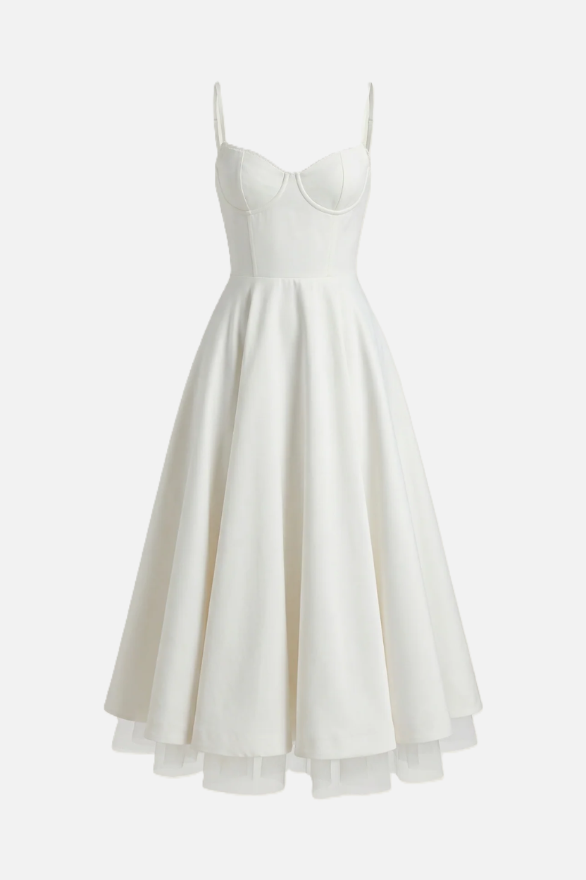 Sweetheart Bustier Midi Dress with Full Circle Skirt and Tulle Hem