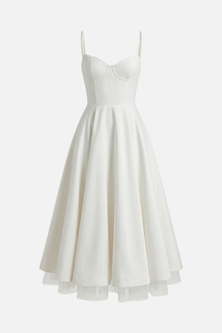 Sweetheart Bustier Midi Dress with Full Circle Skirt and Tulle Hem