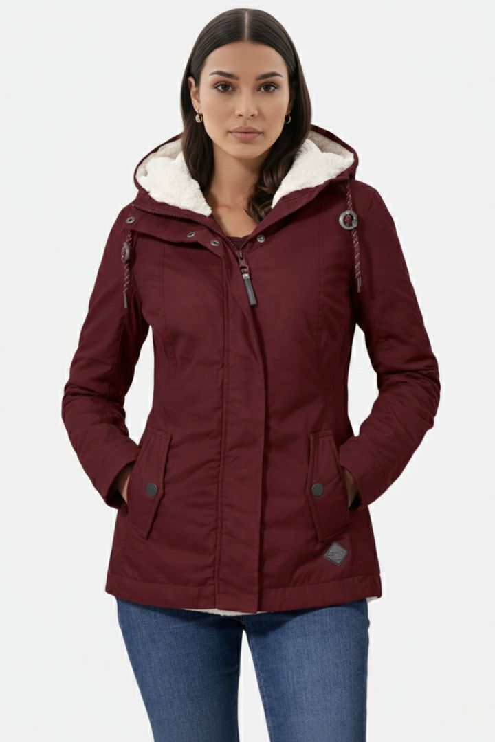 Waterproof Zip-Up Jacket with Fleece-Trim Hood and Pockets