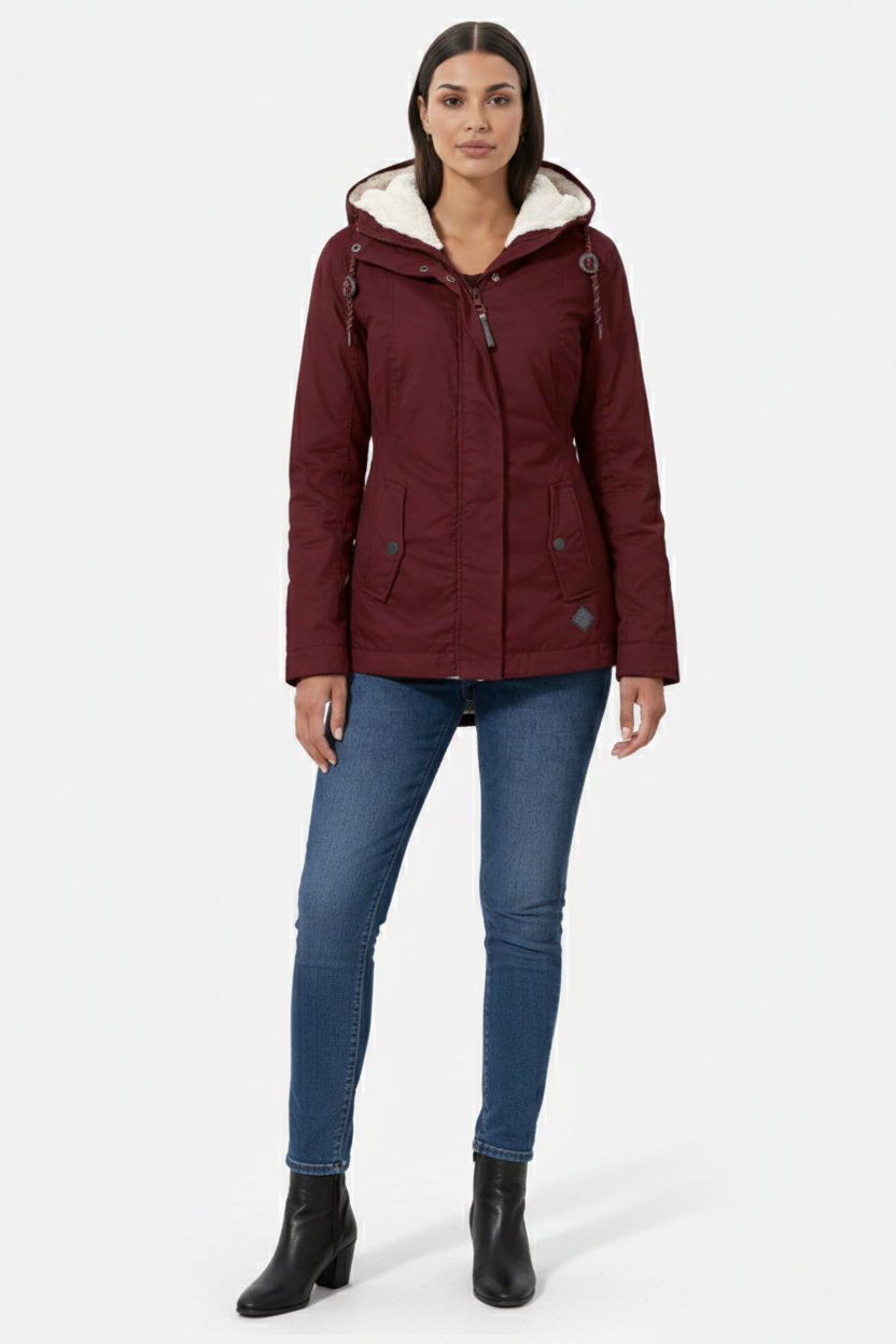 Waterproof Zip-Up Jacket with Fleece-Trim Hood and Pockets