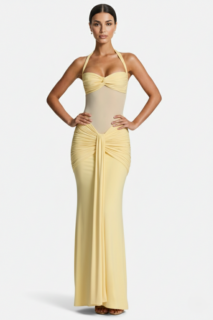 Halter Neck Tie Back Ruched Bodycon Evening Gown
