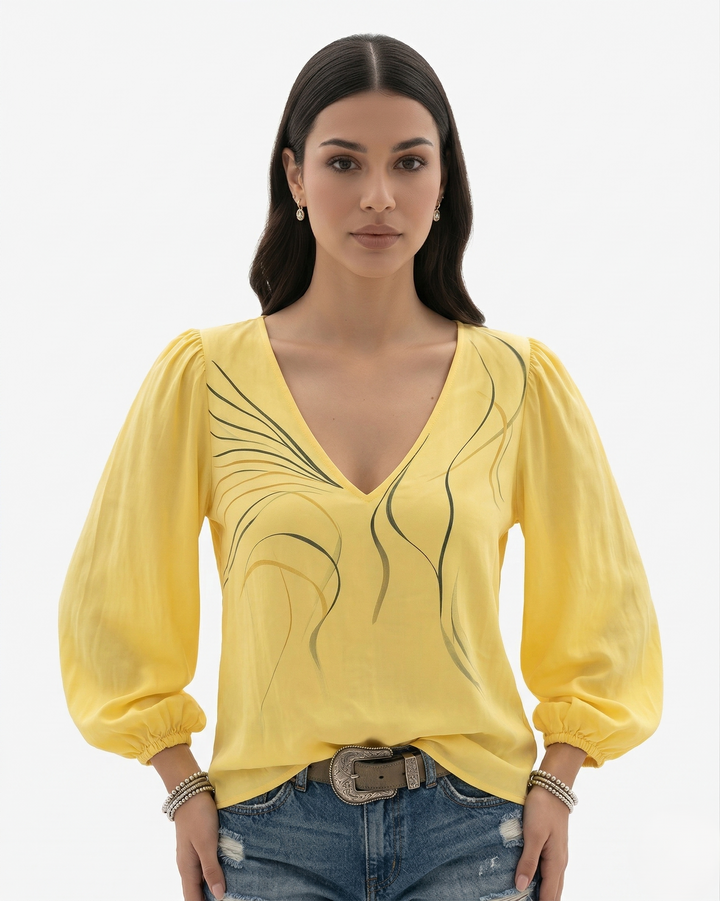 V Neck Printed Blouse Long Sleeve Puff Sleeve