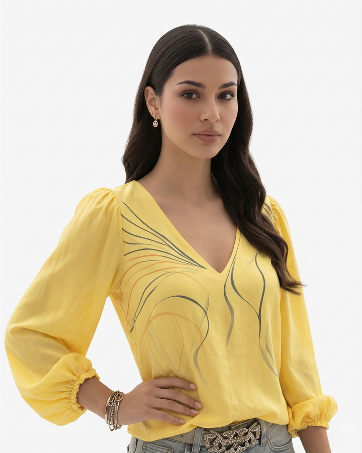 V Neck Printed Blouse Long Sleeve Puff Sleeve