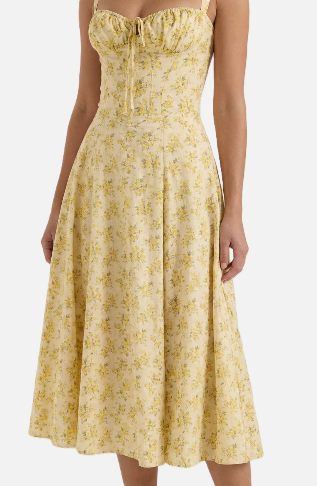 Midi Sundress Floral Print Ruched Bust Tie Front A-Line Skirt