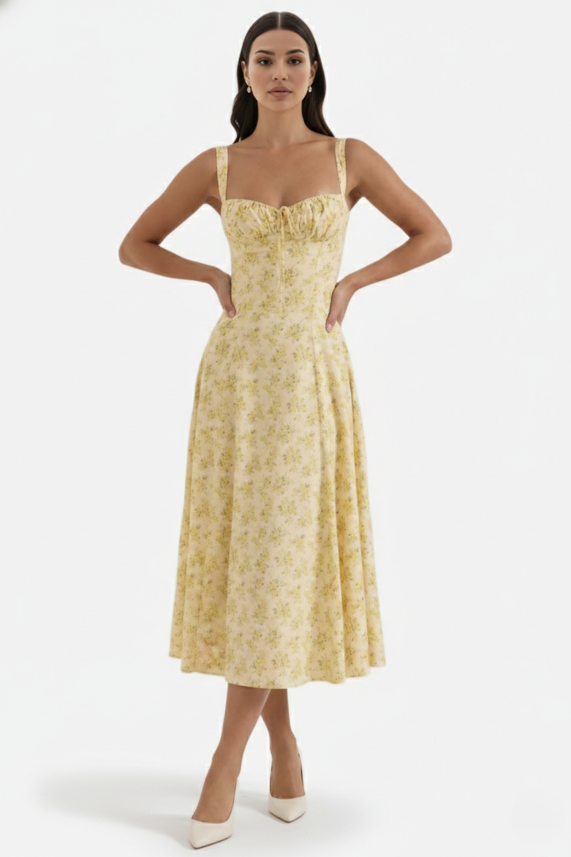Midi Sundress Floral Print Ruched Bust Tie Front A-Line Skirt