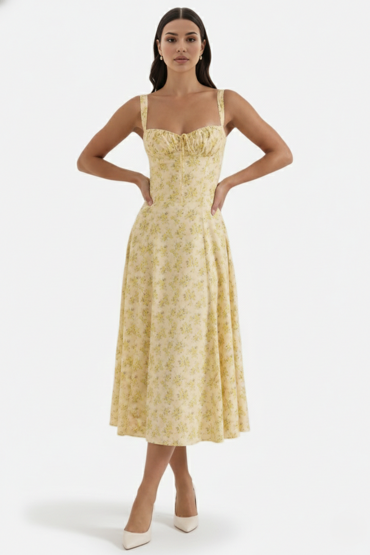 Midi Sundress Floral Print Ruched Bust Tie Front A-Line Skirt
