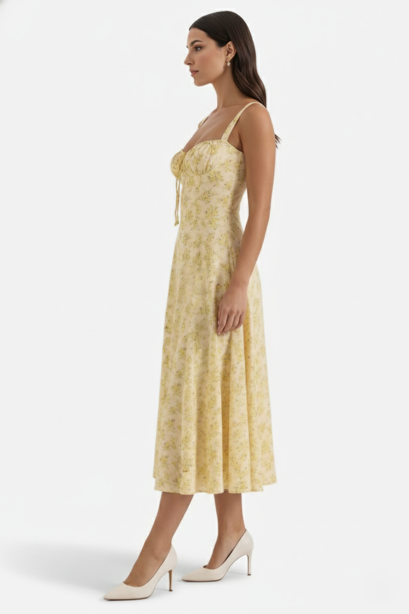 Midi Sundress Floral Print Ruched Bust Tie Front A-Line Skirt