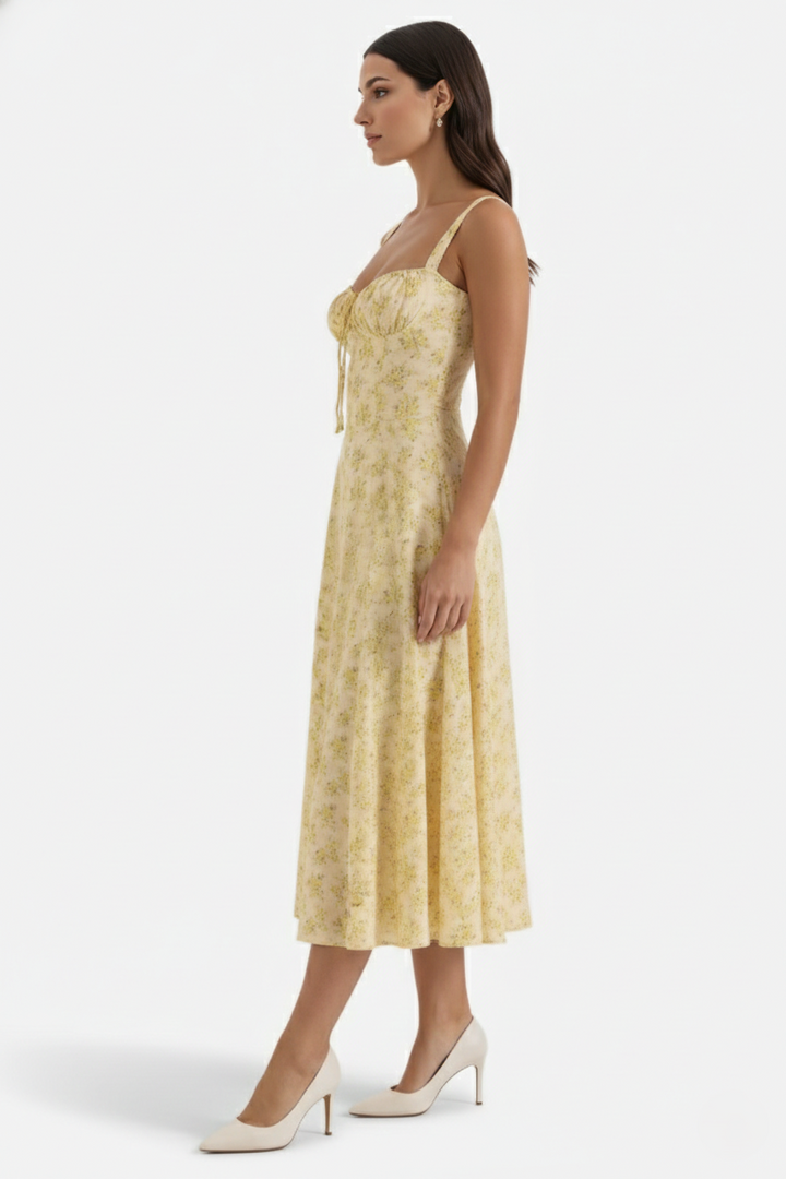 Midi Sundress Floral Print Ruched Bust Tie Front A-Line Skirt