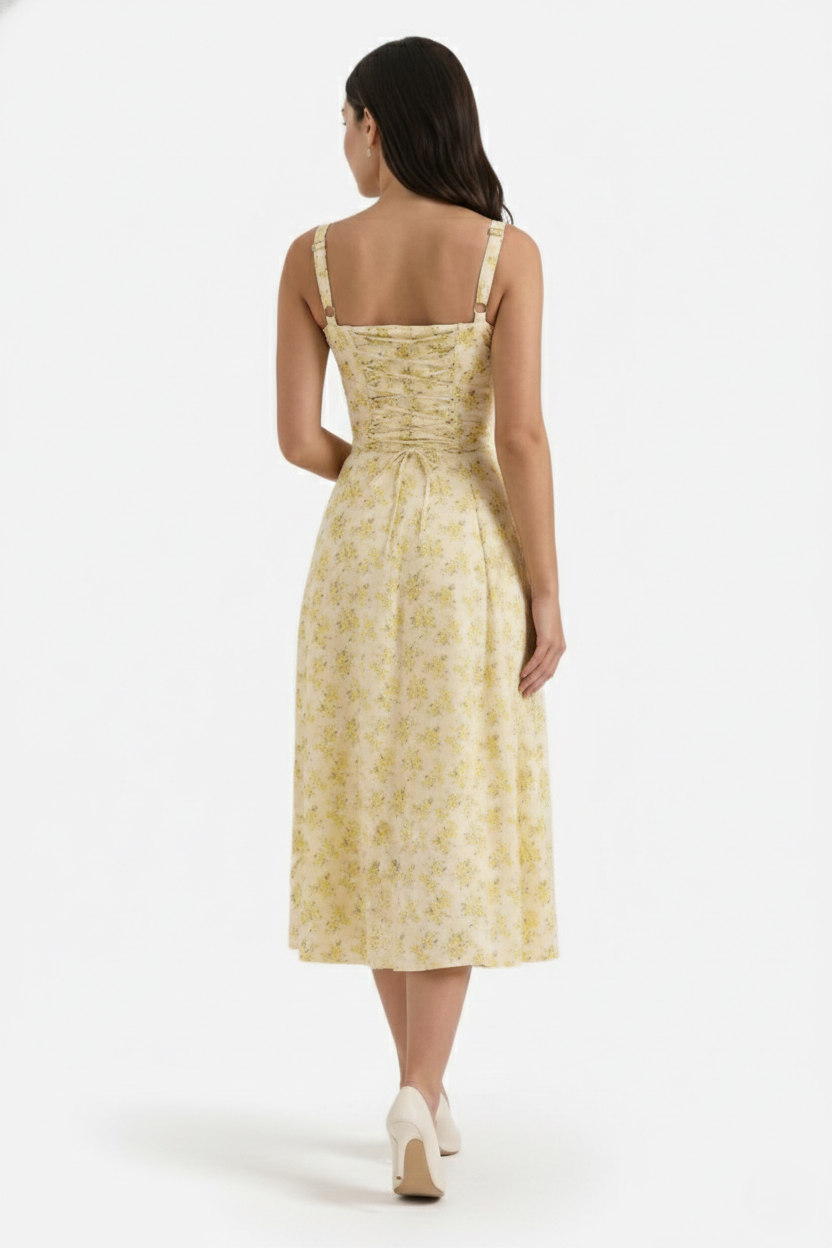 Midi Sundress Floral Print Ruched Bust Tie Front A-Line Skirt