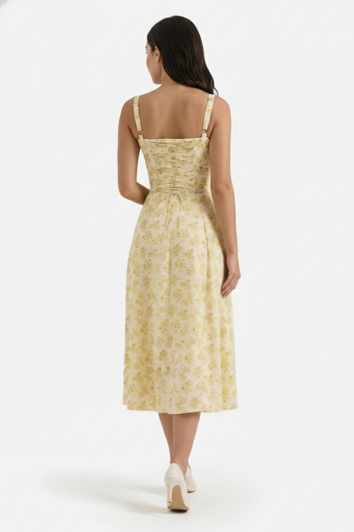 Midi Sundress Floral Print Ruched Bust Tie Front A-Line Skirt