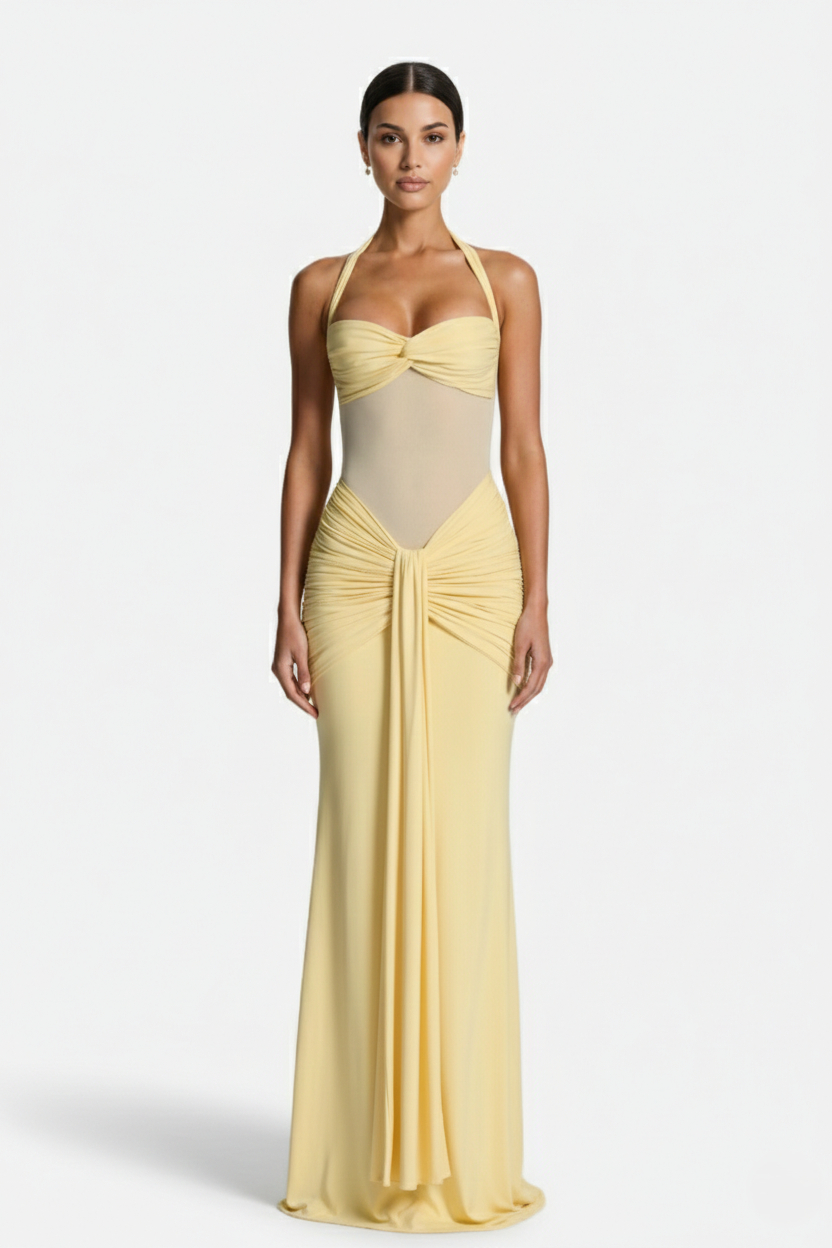 Halter Neck Tie Back Ruched Bodycon Evening Gown