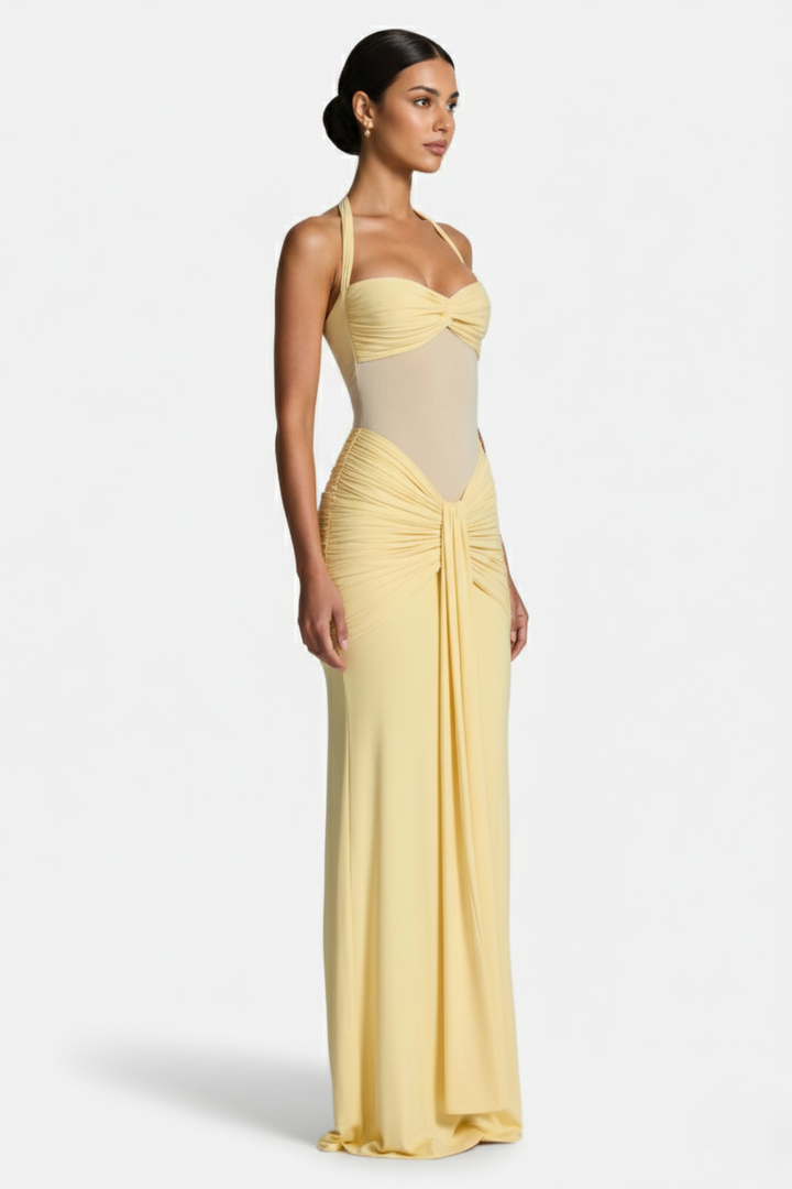Halter Neck Tie Back Ruched Bodycon Evening Gown