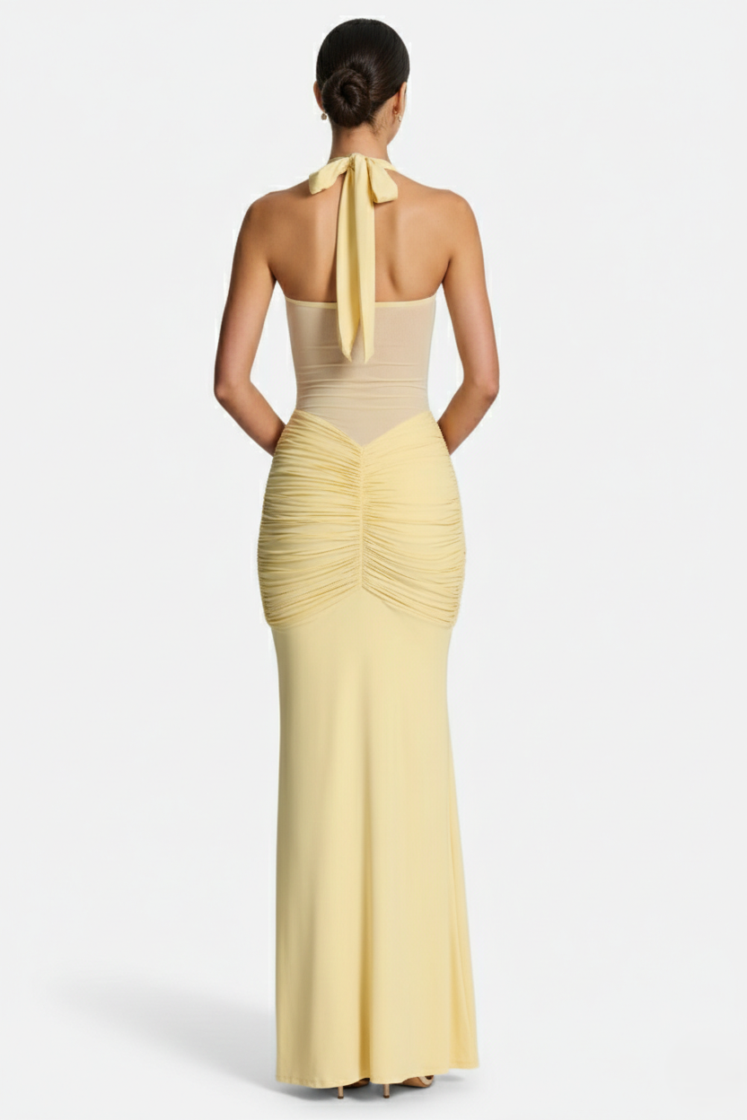 Halter Neck Tie Back Ruched Bodycon Evening Gown