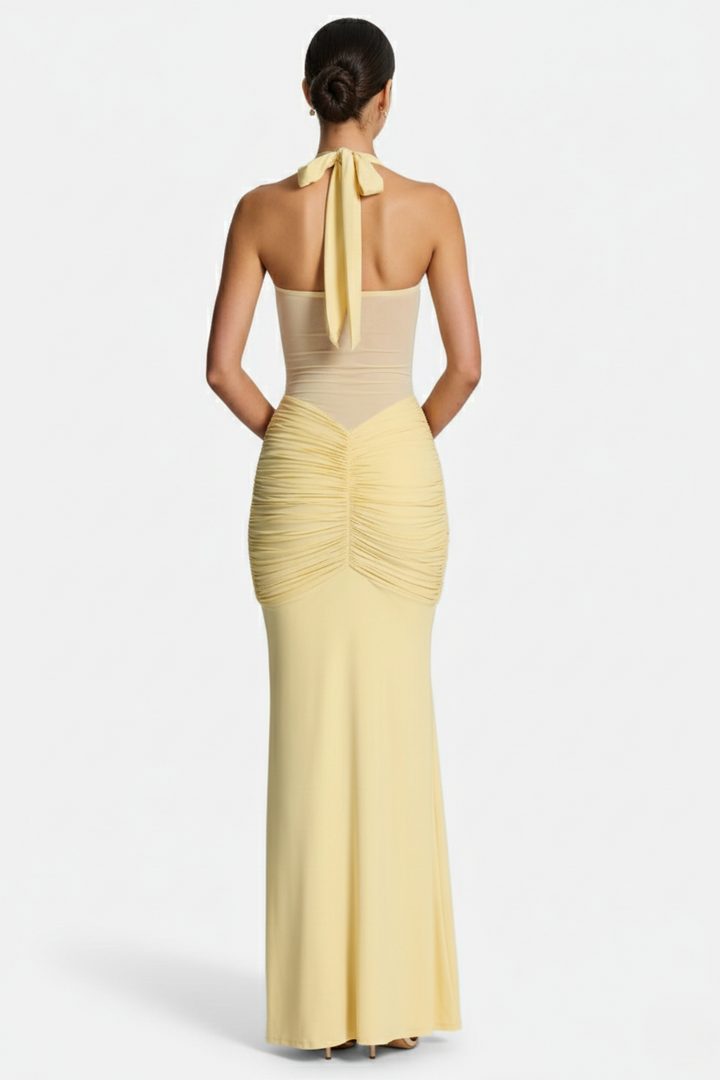 Halter Neck Tie Back Ruched Bodycon Evening Gown