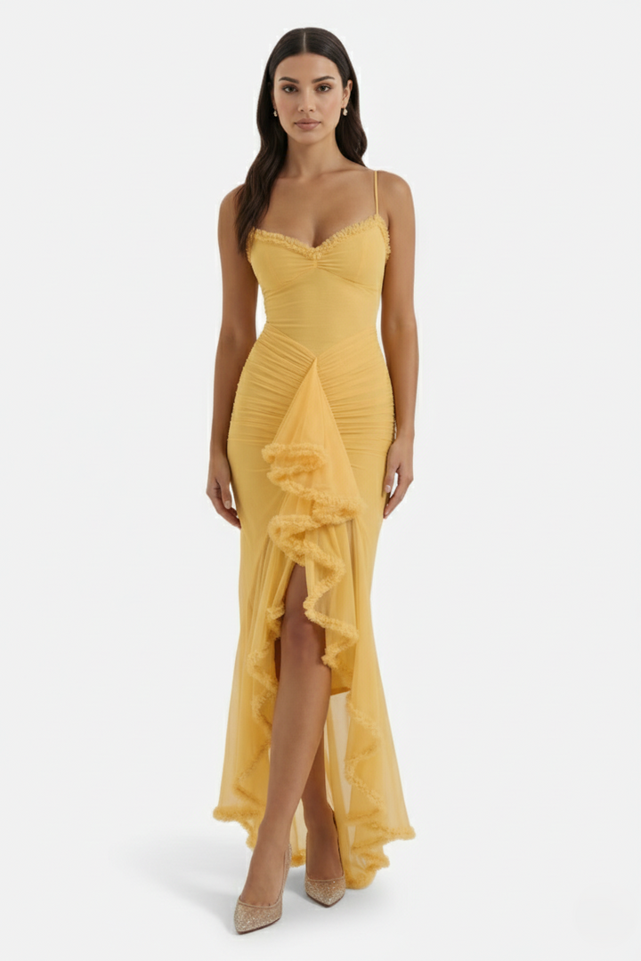 Evening Gown Ruched Mesh Ruffle Assymetrical Hem