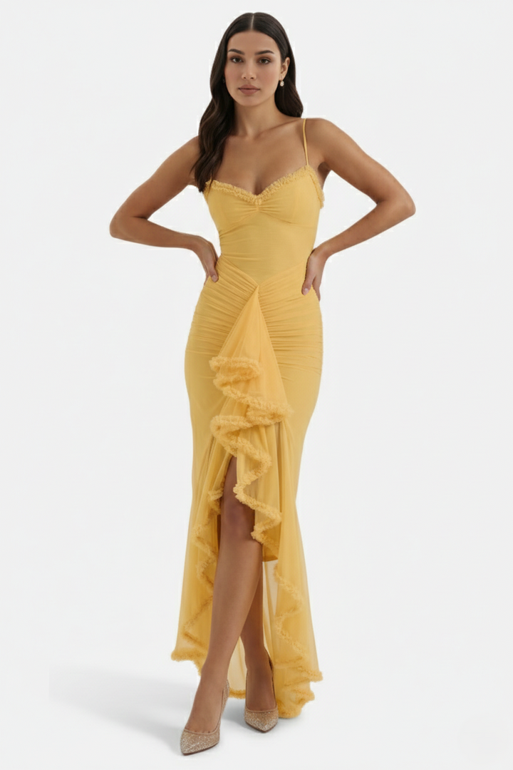 Evening Gown Ruched Mesh Ruffle Assymetrical Hem