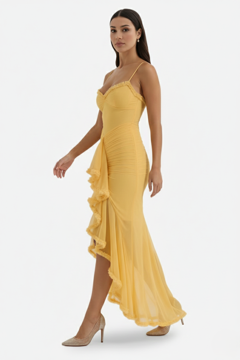 Evening Gown Ruched Mesh Ruffle Assymetrical Hem
