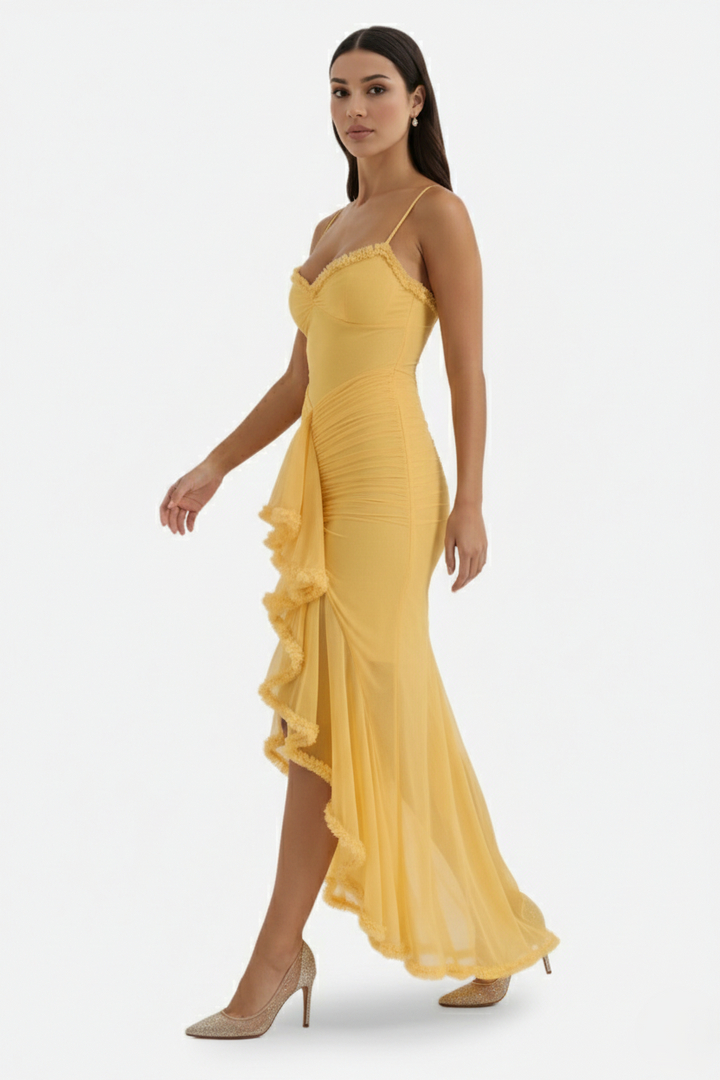 Evening Gown Ruched Mesh Ruffle Assymetrical Hem