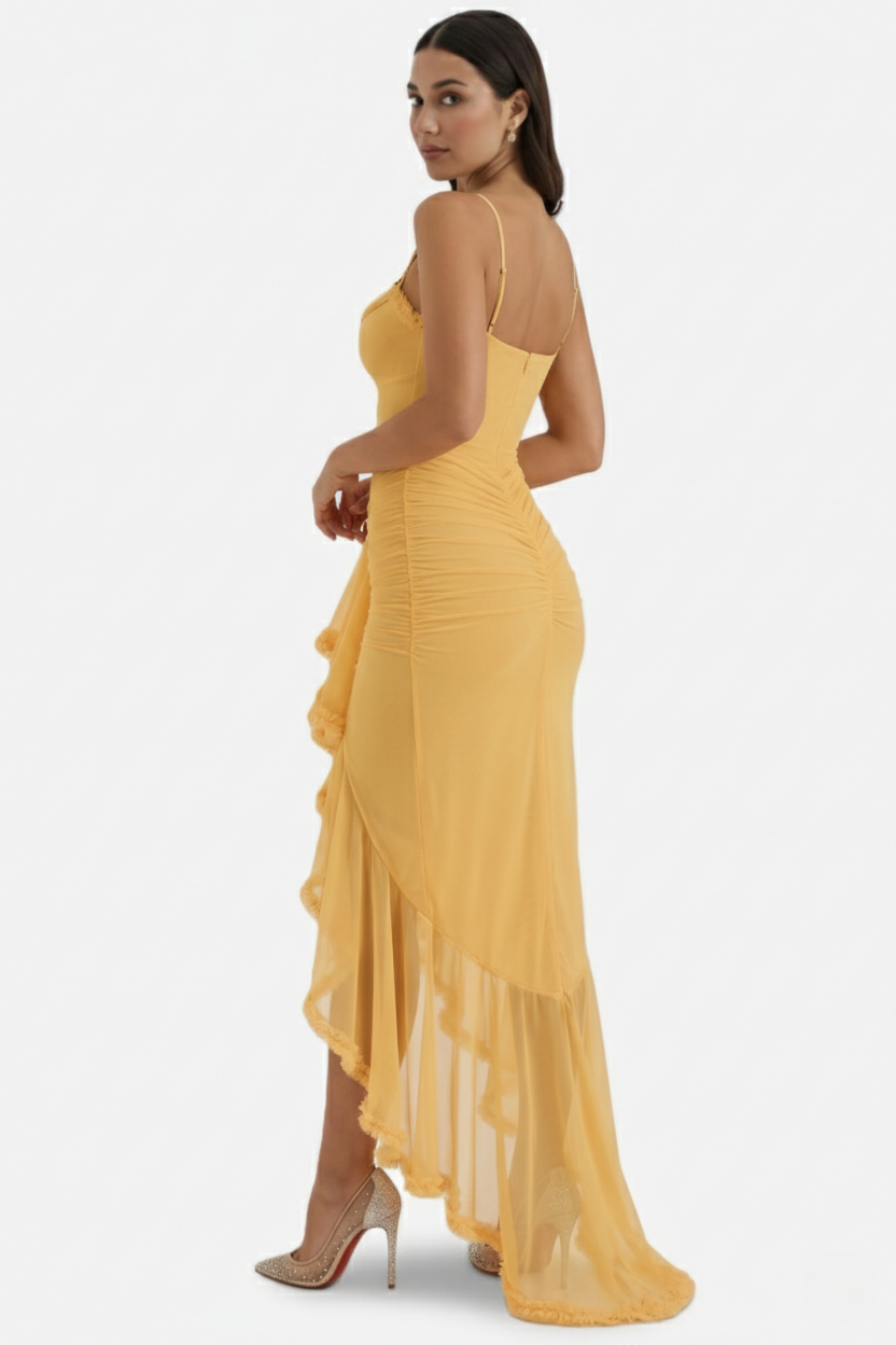 Evening Gown Ruched Mesh Ruffle Assymetrical Hem