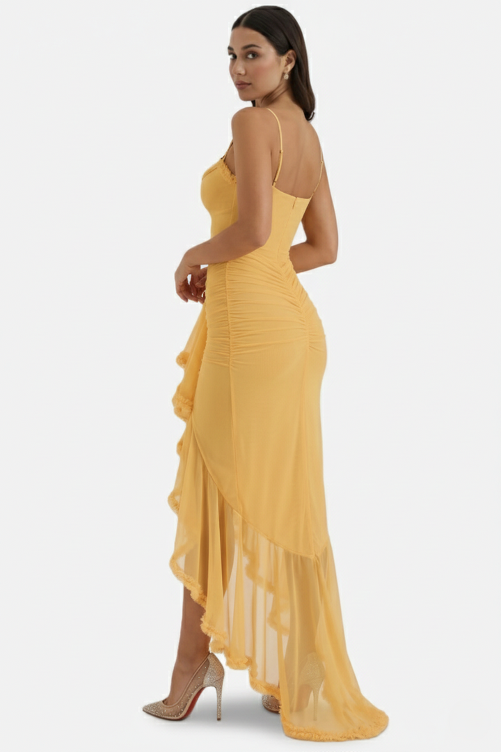 Evening Gown Ruched Mesh Ruffle Assymetrical Hem