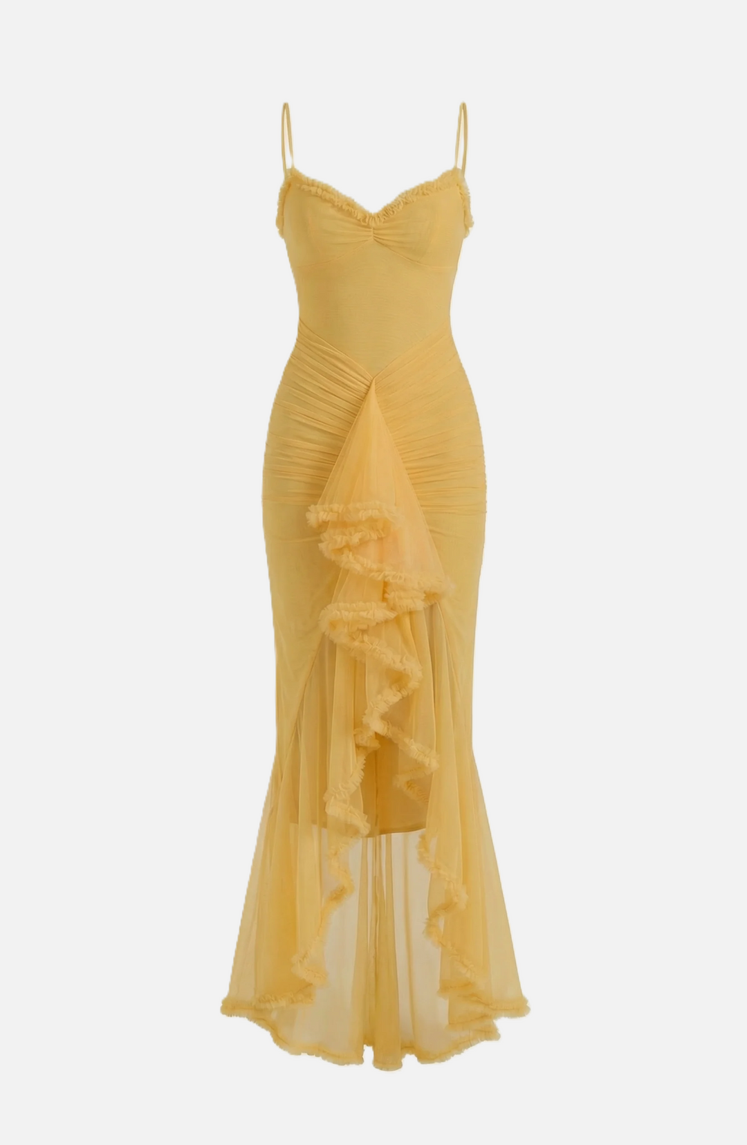 Evening Gown Ruched Mesh Ruffle Assymetrical Hem