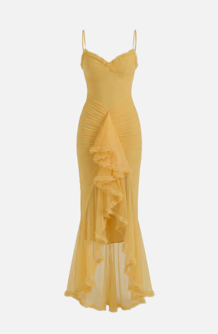 Evening Gown Ruched Mesh Ruffle Assymetrical Hem