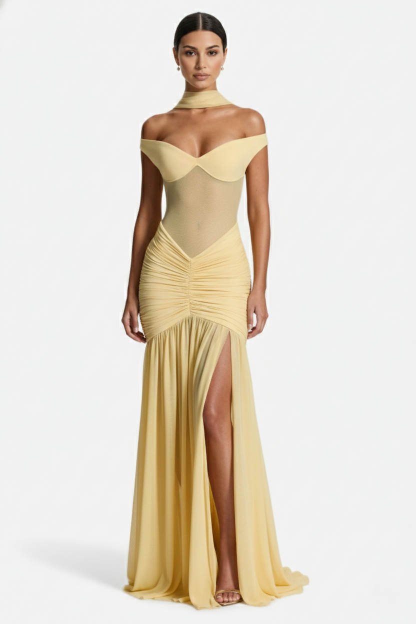 Off-Shoulder Ruched Evening Maxi Dress with High Slit and Mesh Bodice