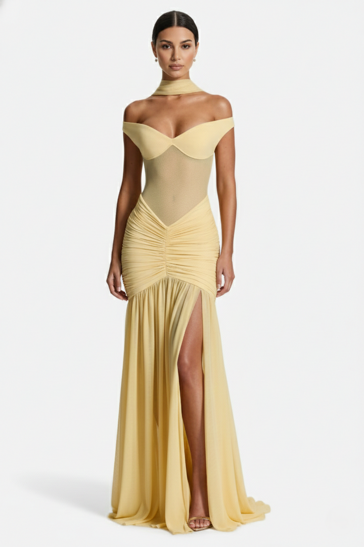 Off-Shoulder Ruched Evening Maxi Dress with High Slit and Mesh Bodice
