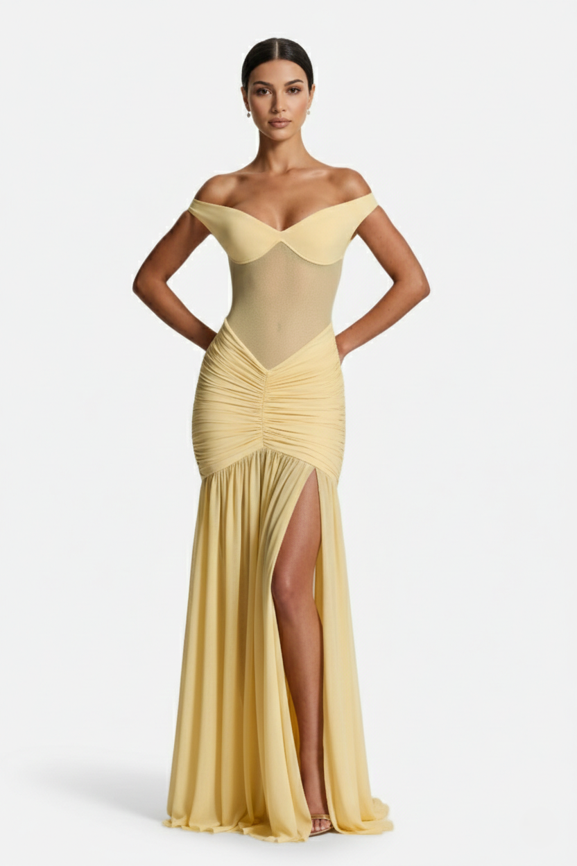 Off-Shoulder Ruched Evening Maxi Dress with High Slit and Mesh Bodice