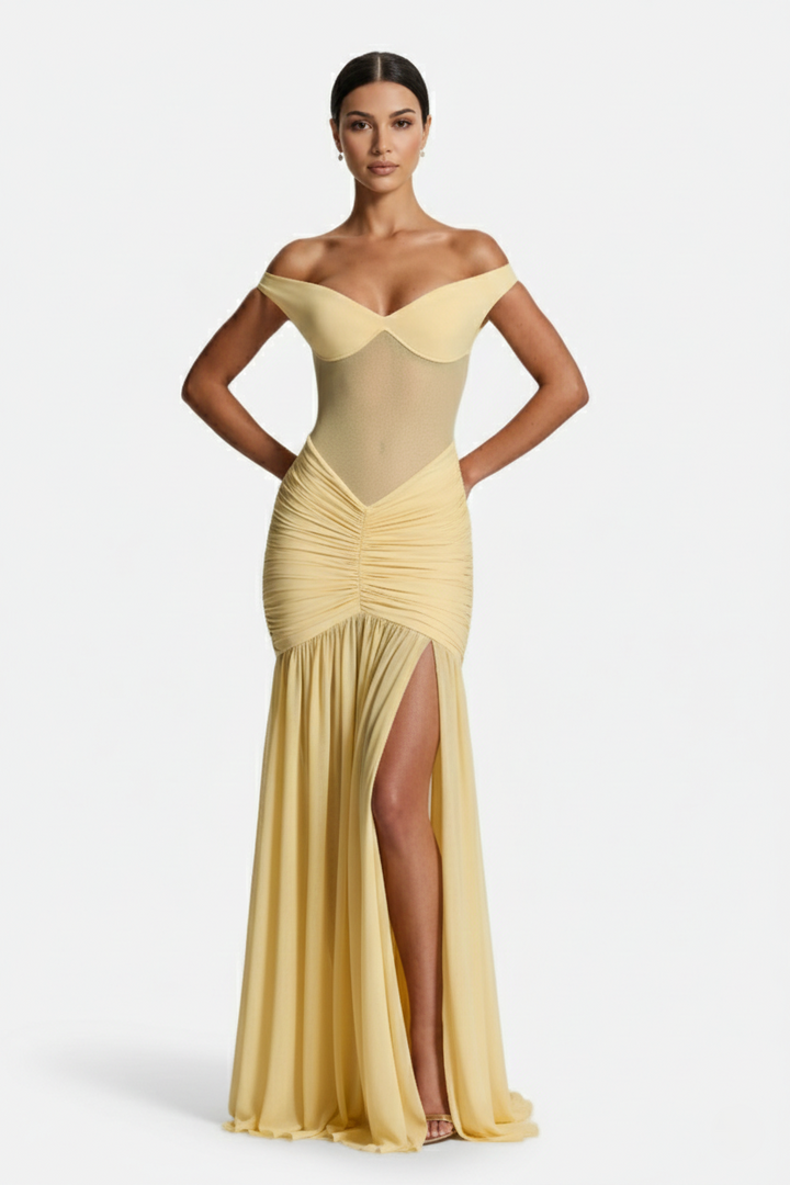 Off-Shoulder Ruched Evening Maxi Dress with High Slit and Mesh Bodice
