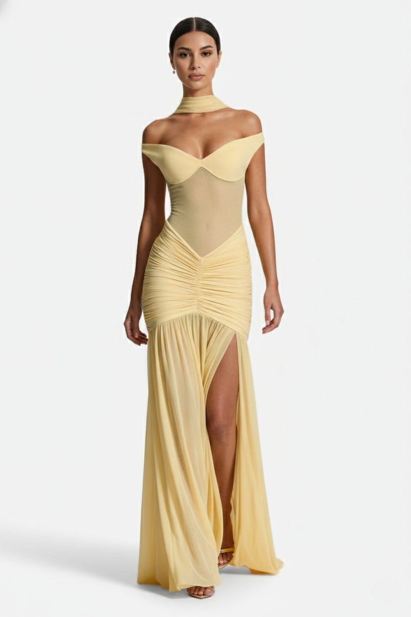 Off-Shoulder Ruched Evening Maxi Dress with High Slit and Mesh Bodice